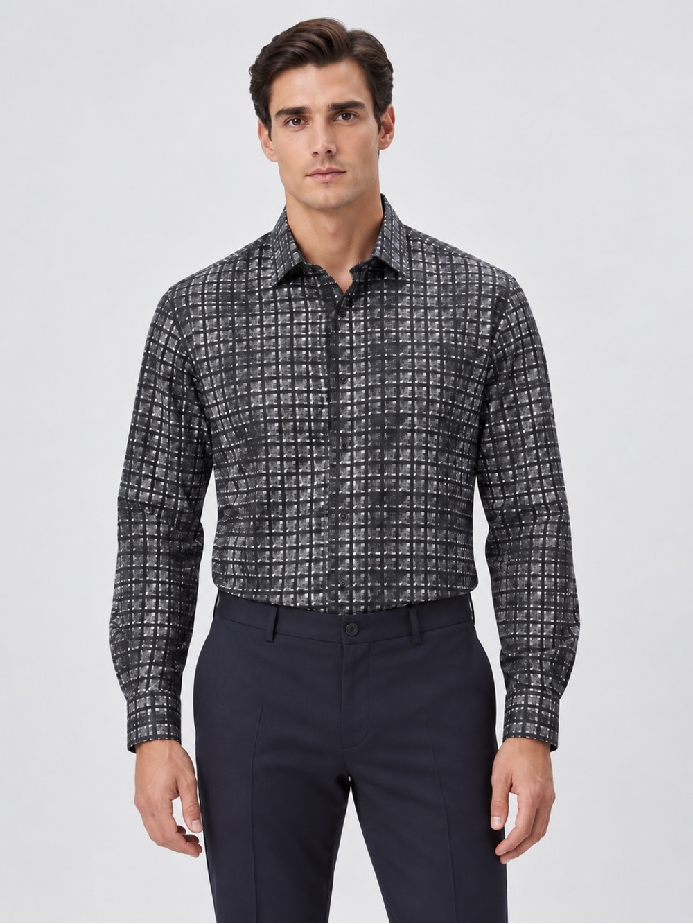 NWT Bugatchi Black & Gray OoohCotton Tech Button Down Shirt XXL 8-Way Stretch